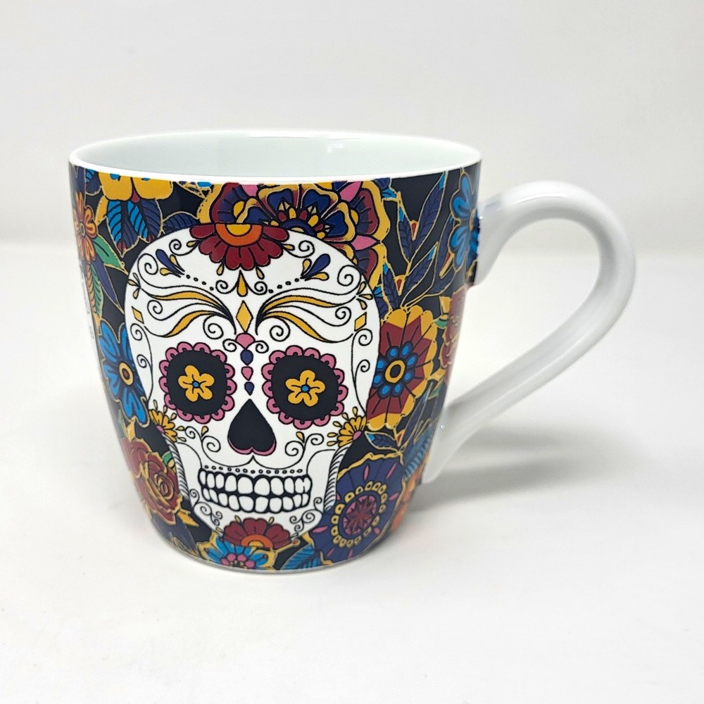 Williams Sonoma Day of the Dead Ceramic Sugar Skull Floral Mug 14 oz halloween